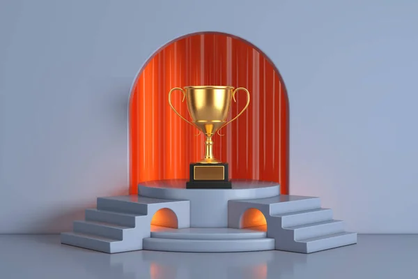 蓝色现实主义圆柱体产品促销摊位上的金奖奖杯 带拱窗的展示台 与台阶的极端特写 3D渲染 — 图库照片