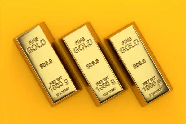 银行或金融概念 黄色背景上的三只金条3D渲染 — 图库照片