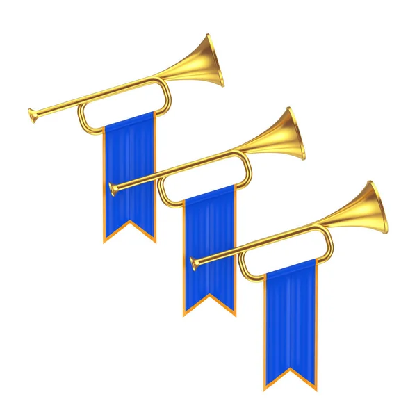 Golden Fanfare Τρομπέτες Μπλε Σημαίες Λευκό Φόντο Απόδοση — Φωτογραφία Αρχείου