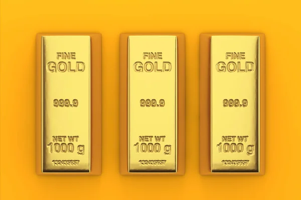 Banco Conceito Financeiro Três Barras Douradas Num Fundo Amarelo Renderização — Fotografia de Stock