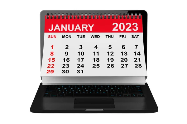 Календарь 2023 Года Январь Календарь Экране Ноутбука Белом Фоне Рендеринг — стоковое фото