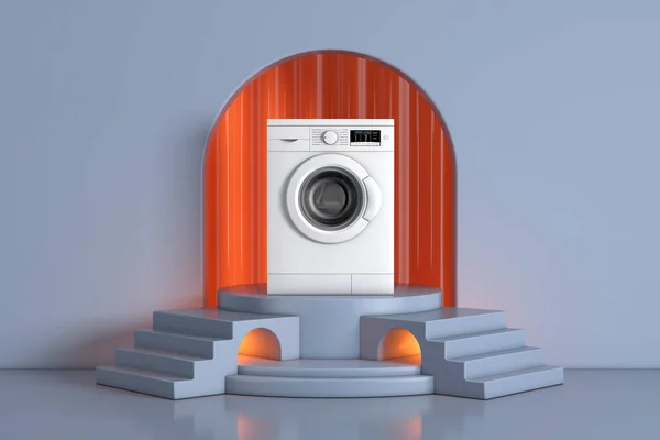 Modern White Washing Machine Blue Realistic Cylinder Product Promotion Stand — Stock Photo, Image