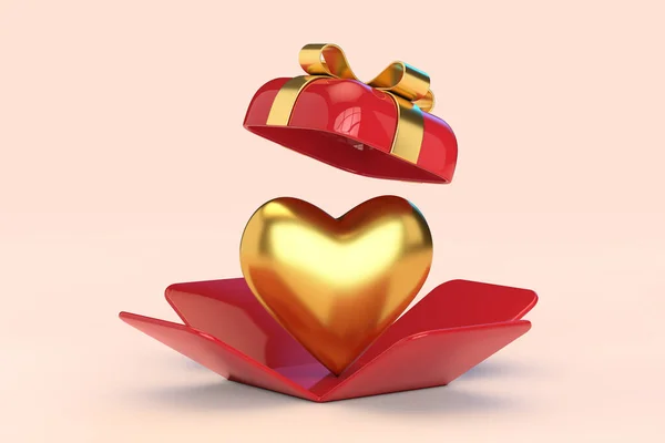 金色的心在打开的红色礼品盒与金带粉红的背景 3D渲染 — 图库照片
