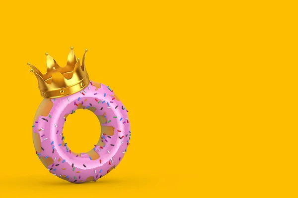 stock image Big Strawberry Pink Glazed Donut with Golden Crown on a yellow background. 3d Rendering 