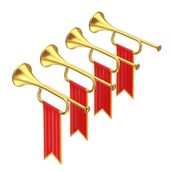 Golden Fanfare Τρομπέτες Κόκκινες Σημαίες Λευκό Φόντο Απόδοση — Φωτογραφία Αρχείου