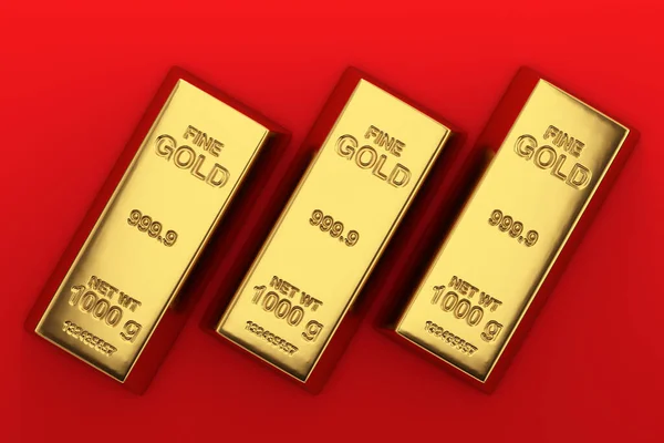Bank Oder Finanzkonzept Drei Goldene Balken Auf Rotem Hintergrund Darstellung — Stockfoto