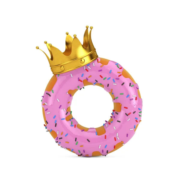 Big Strawberry Pink Glazed Donut Golden Crown White Background Rendering — Stock Photo, Image