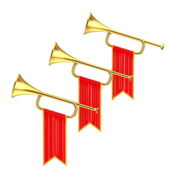 Trompetas Golden Fanfare Con Banderas Rojas Sobre Fondo Blanco Renderizado —  Fotos de Stock