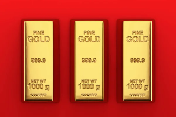 Bank Oder Finanzkonzept Drei Goldene Balken Auf Rotem Hintergrund Darstellung — Stockfoto