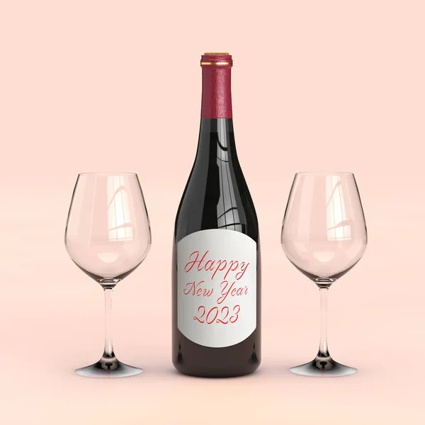 Şarap Kadehi Kırmızı Şarap Şişesi Mutlu Yıllar 2023 Tabelası Pembe — Stok fotoğraf