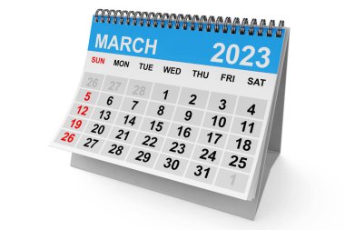 2023 Year March Calendar on a white background. 3d Rendering