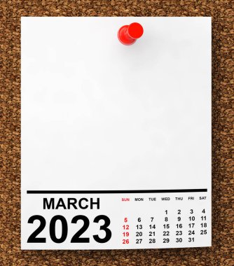 Calendar March 2023 on Blank Note Paper with Free Space for Your Text. 3d Rendering