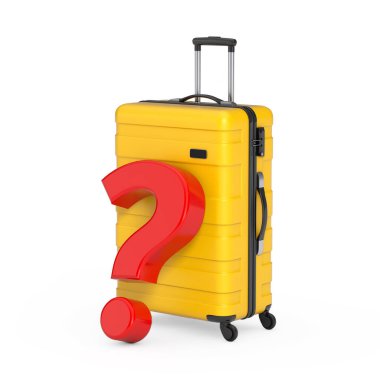 Travel Holiday Vacation Concept. Modern Luxury Plastic Yellow Suitcase with Red Question Mark on a white background. 3d Rendering 