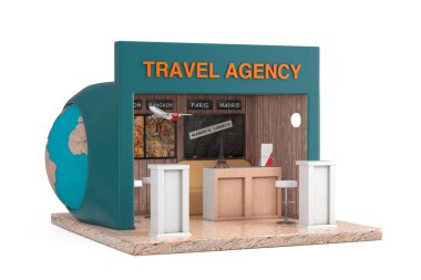 Modern Travel Agency Booth, Promotion Stand, Room on a white background. 3d Rendering 