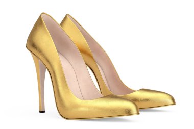 Golden High Heels Wooman Shooes on a white background. 3d Rendering 