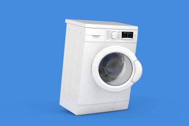 Modern White Washing Machine on a blue background. 3d Rendering 