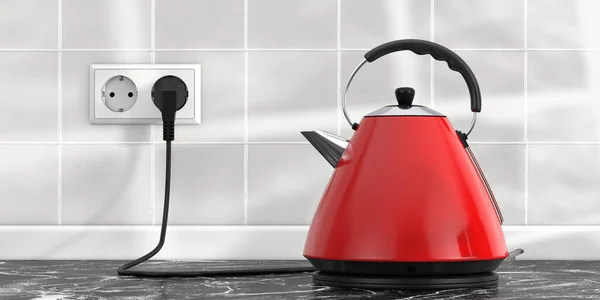 Modern Red Electric Kitchen Kettle on a black marble table 3d Rendering