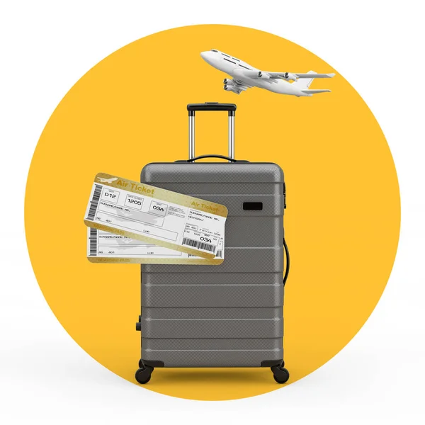 Travel Holiday Vacation Concept. Modern Luxury Plastic Gray Suitcase, Business or First Class Airline Boarding Pass Fly Air Tickets and Airplane on a white and yellow background. 3d Rendering