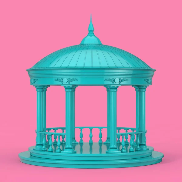 Urban Infrastructure Garden or Park Blue Circle Gazebo with Greek Columns and Roof, or Pergola in Duotone Style on a pink background. 3d Rendering