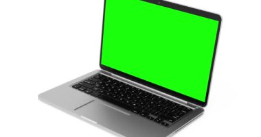 4k Resolution Video:  Modern Laptop Mockup with Blank Green Screen Rotating on a white background with Alpha Matte