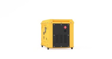4k Resolution Video: Big Yellow Outside Auxiliary Electric Power Generator Diesel Unit Mockup for Emergency Use. Seamless Looped Rotating on a white background with Alpha Matte