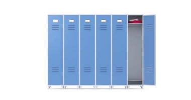 4k Resolution Video: Row of Six Blue Metal Lockers, One Locker Has a Door Opening. The High Quality Animation on a White Background with Alpha Matte