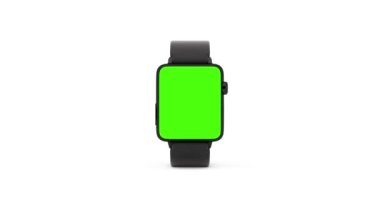 4k Resolution Video: Black Modern Smart Watch Mockup with Strap and Green Screen Seamless Jumping on a white background with Alpha Matte