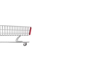 4k Resolution Video: Online shopping, e-commerce Concept. Extra Long and Large Shopping Cart Trolley Seamless Looped Arriving and Leaving on a white background with Alpha Matte