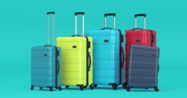 4k Resolution Video: Multicolored artoon Modern Suitcases. Seamless Jumping on a blue background with Alpha Matte