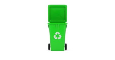 4k Resolution Video: Recycle Sign Green Garbage Trash Bin Seamless Jumping and Rotating on a white background with Alpha Matte