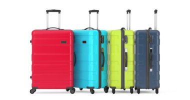 4k Resolution Video: Multicolored artoon Modern Suitcases on a white background with Alpha Matte