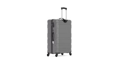 4k Resolution Video: Travel Concept. Gray Modern Suitcase Seamless Looped Rotating on a white background with Alpha Matte