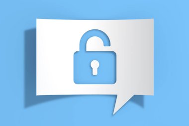 Opened Lock Icon on Cutout White Paper Speech Bubble on blue background. 3d Rendering 