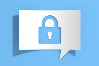 Closed Lock Icon on Cutout White Paper Speech Bubble on blue background. 3d Rendering 