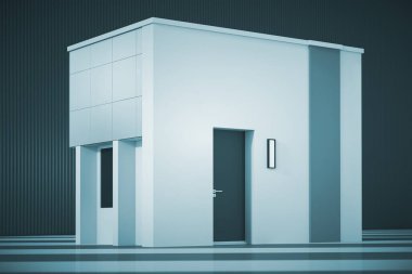 Minimalism Style Architectural Abstract Modern Business Building Exterior in Blue Key Light with fence background. 3d Rendering 