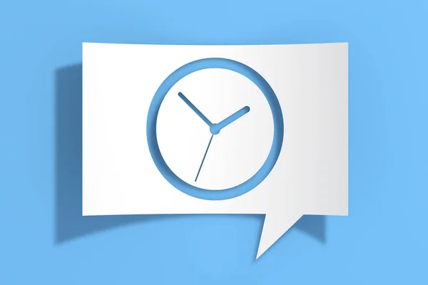 Circle Clock Watch Icon on Cutout White Paper Speech Bubble on blue background. 3d Rendering