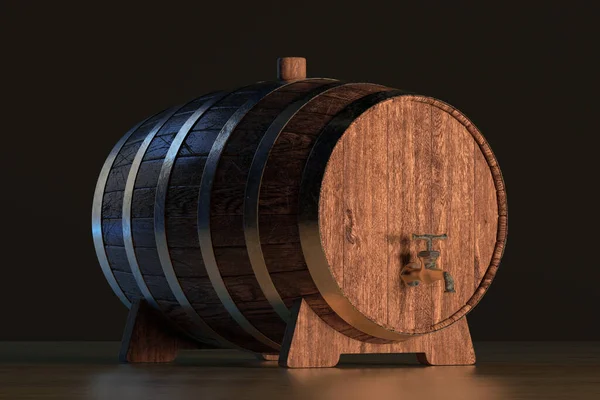 Wooden Oak Barrel for Wine, Beer or Whiskey with Stopper and Tap on a wooden table. 3d Rendering