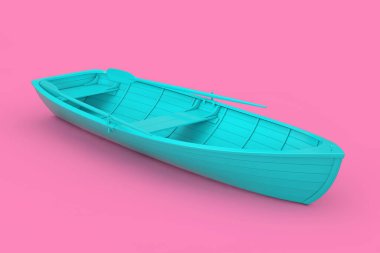 Pembe arka planda Duotone stili Mavi Balıkçı Ahşap Teknesi. 3d Hazırlama 