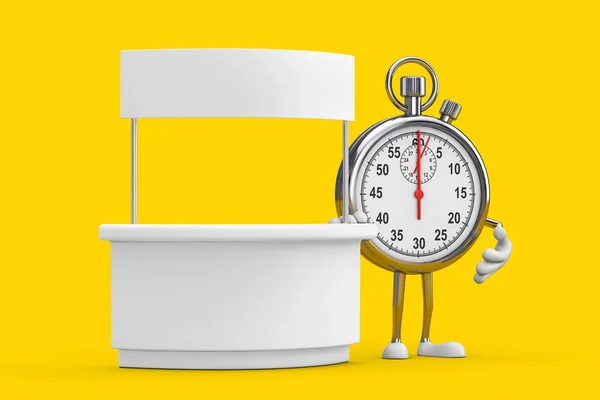 Modern Stopwatch Cartoon Person Character Mascot near Blank Promotion Stand with Free Space for Your Design on a yellow background. 3d Rendering