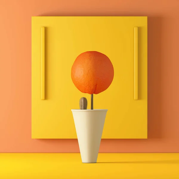 Abstract Orange Fruit with Cactus in Vase against Yellow Frame on a orange background. 3d Rendering