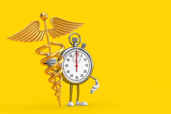现代秒表卡通人物形象吉祥物与黄金医学卡杜斯符号的黄色背景 3D渲染 — 图库照片