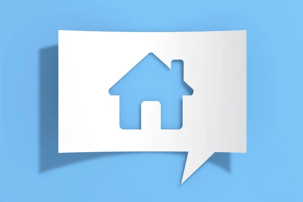 House Icon Cutout White Paper Speech Bubble Blue Background Inglés —  Fotos de Stock