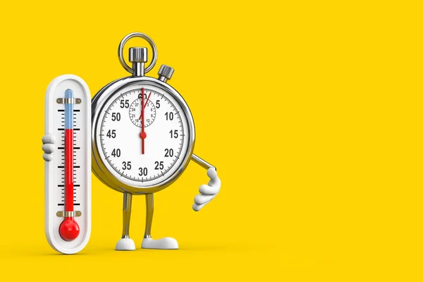 Modern Stopwatch Cartoon Person Character Mascot with Outdoor Thermometer on a yellow background. 3d Rendering