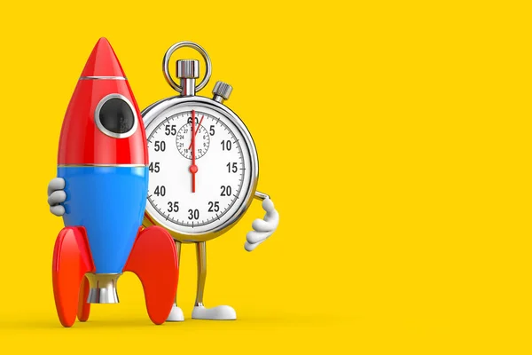 Modern Stopwatch Cartoon Person Character Mascot with Cartoon Toy Rocket on a yellow background. 3d Rendering