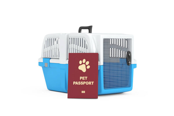 Pet Travel Plastic Cage Carrier Box with Red Pet Passport Document Cat or Dog Transportation Certificate with Golden Paw on Cover on a white background. 3d Rendering 
