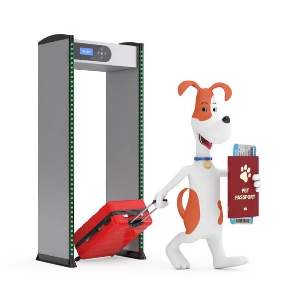 Cartoon Cute Dog with Suitcase Holding Pet Passport Document with Airlines Boarding Pass Ticket Walk through Safe Security Gates With Metal Detectors on a white background. 3d Rendering