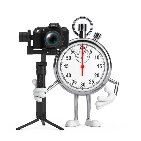 Modern Stopwatch Tecknad Person Karaktär Maskot Med Dslr Eller Videokamera — Stockfoto