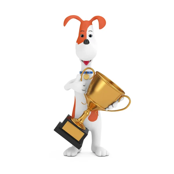 卡通可爱的狗狗在白色背景下夺得金像奖奖杯 3D渲染 — 图库照片