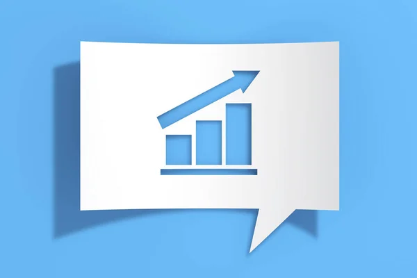 Growing or Progress Graph Bars and Arrow Icon on Cutout White Paper Speech Bubble on blue background. 3d Rendering