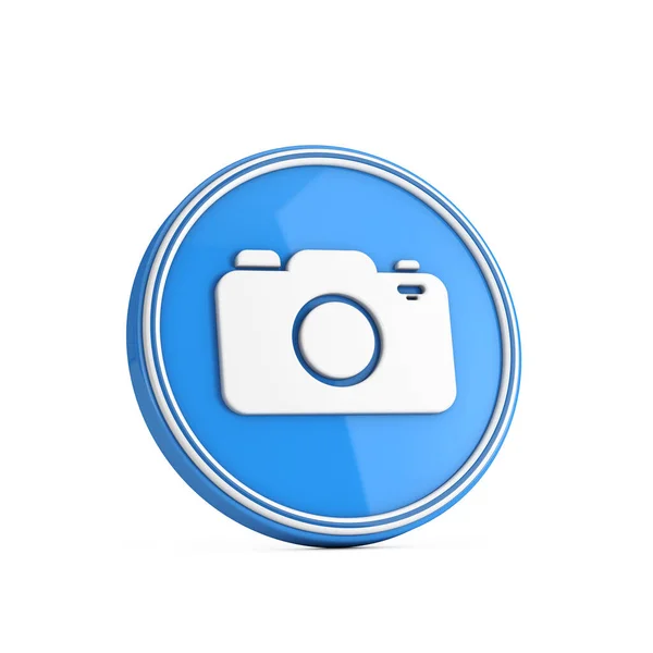 白い背景にブルーサークルボタンのホワイトフォトカメラアイコン 3Dレンダリング — ストック写真